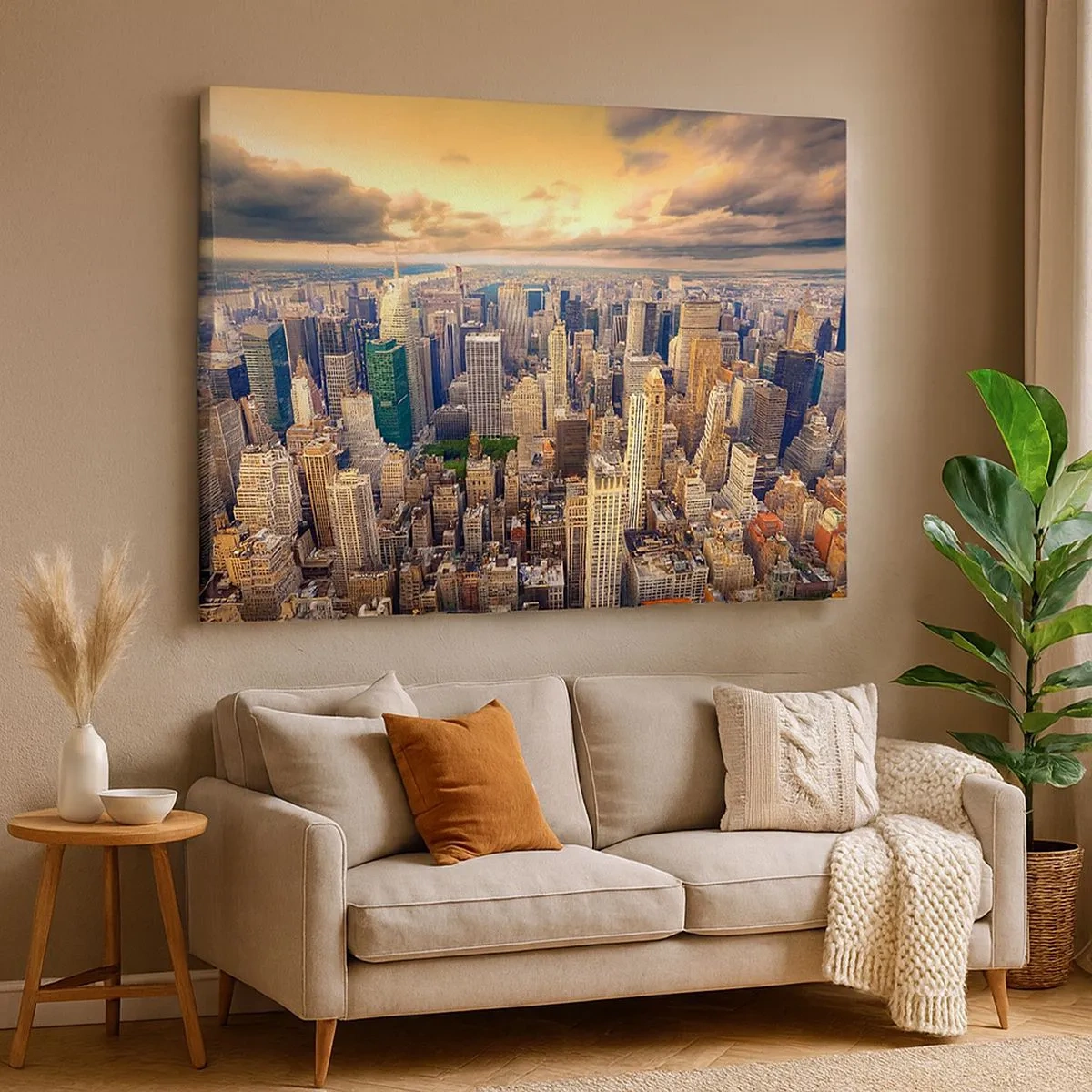 Cuadro sobre lienzo - Impresión de Imagen - Panorama de la ciudad con vistas a los rascacielos al atardecer - 70x50cm - Metrópolis dorada - Decoración de pared moderna para salón y dormitorio ARTTOR