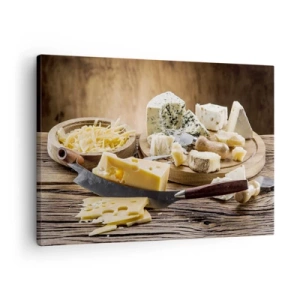 Cuadro sobre lienzo - Impresión de Imagen - Una tabla de quesos con diferentes tipos sobre una mesa de madera. - 70x50cm - Degustación de quesos - Decoración de pared moderna para salón y dormitorio ARTTOR