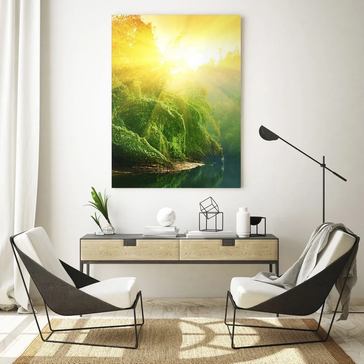 Cuadro sobre vidrio - Impresiones sobre Vidrio - Un bosque verde junto al río, iluminado por los rayos del sol naciente. - 70x100cm - Ahogarse en el sol y la sombra - Decoración de pared moderna para salón y dormitorio ARTTOR