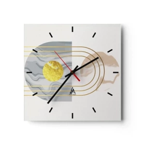 Reloj de pared - Reloj de vidrio - Composición abstracta con círculos y líneas doradas sobre fondo claro. - 30x30cm - Brillo y resplandor - Decoración de pared moderna para salón y dormitorio ARTTOR