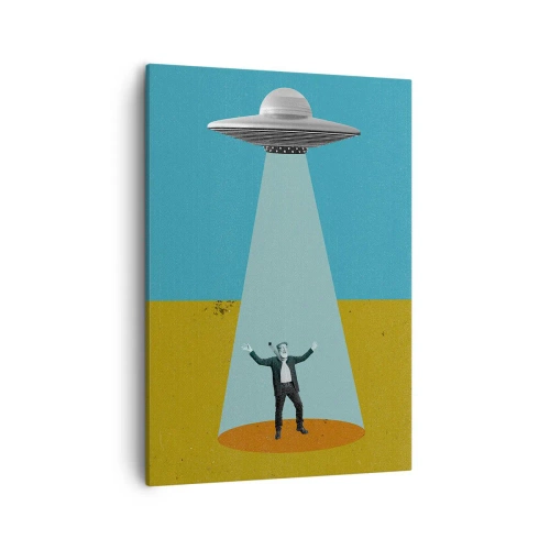 Cuadro sobre lienzo - Impresión de Imagen - Un hombre a la luz de un OVNI sobre el fondo de un paisaje colorido. - 50x70cm - Un encuentro cercano - Decoración de pared moderna para salón y dormitorio ARTTOR