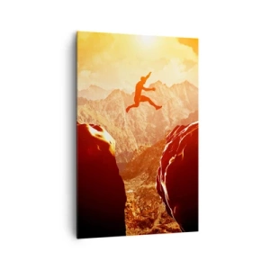 Cuadro sobre lienzo - Impresión de Imagen - Una figura saltando entre rocas con montañas al fondo. - 80x120cm - Pasando el límite - Decoración de pared moderna para salón y dormitorio ARTTOR