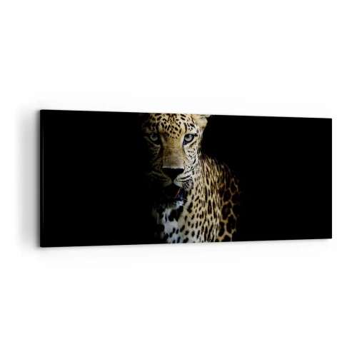 Cuadro sobre lienzo - Impresión de Imagen - Un leopardo sobre un fondo oscuro con una mirada intensa. - 120x50cm - Belleza oscura - Decoración de pared moderna para salón y dormitorio ARTTOR