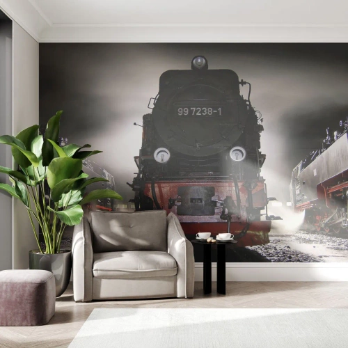 Fotomural Autadhesivo Deluxe Sticker - De pie, jadeando y soplando - Locomotora de vapor, Estación de ferrocarril, Automotor - 100x70 cm