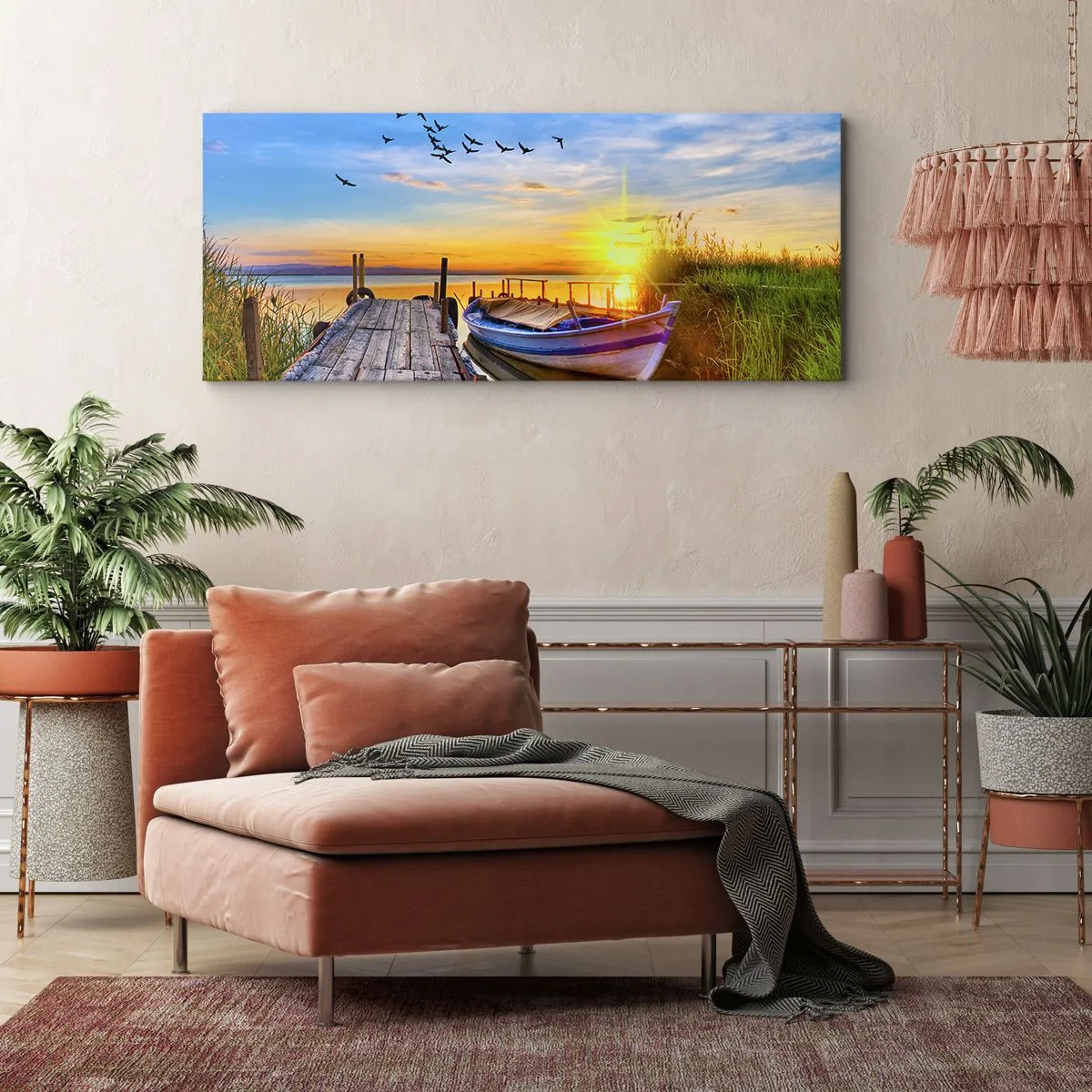 Cuadro sobre lienzo - Impresión de Imagen - Un barco en un muelle de madera al atardecer. - 120x50cm - Adiós, hasta mañana - Decoración de pared moderna para salón y dormitorio ARTTOR