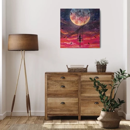 Reloj de pared - Reloj de vidrio - Una figura en un columpio suspendido contra la luna. - 30x30cm - Disfrutar de las nubes - Decoración de pared moderna para salón y dormitorio ARTTOR