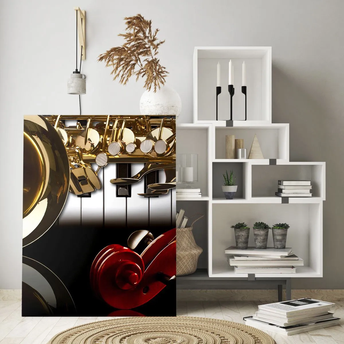 Cuadro sobre vidrio - Impresiones sobre Vidrio - Saxofón, teclado y arco en una composición artística - 50x70cm - Chapa, madera y marfil - Decoración de pared moderna para salón y dormitorio ARTTOR