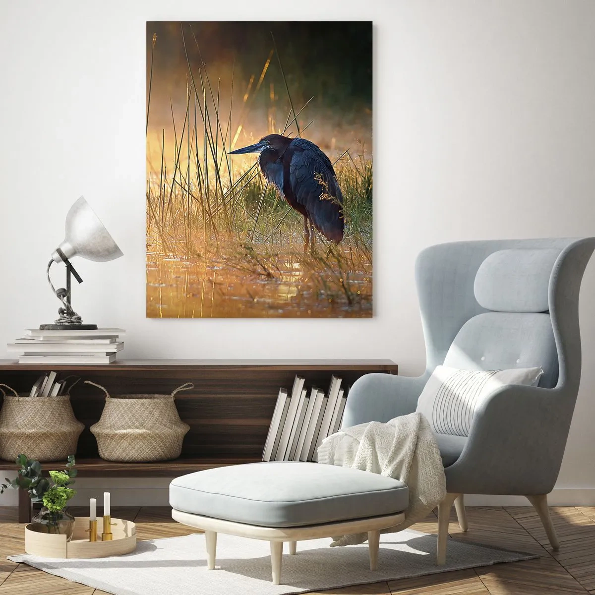 Cuadro sobre vidrio - Impresiones sobre Vidrio - Una garza en los humedales al atardecer entre hierbas altas. - 70x100cm - Dame un respiro con estas fotos - Decoración de pared moderna para salón y dormitorio ARTTOR