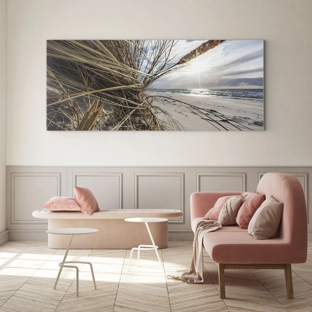 Cuadro sobre vidrio - Impresiones sobre Vidrio - Una playa con hierba seca en las dunas y vistas al mar. - 120x50cm - Una reunión de los elementos - Decoración de pared moderna para salón y dormitorio ARTTOR