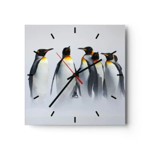 Reloj de pared - Reloj de vidrio - Un grupo de pingüinos emperador en la niebla invernal. - 30x30cm - Reunión en traje de noche - Decoración de pared moderna para salón y dormitorio ARTTOR