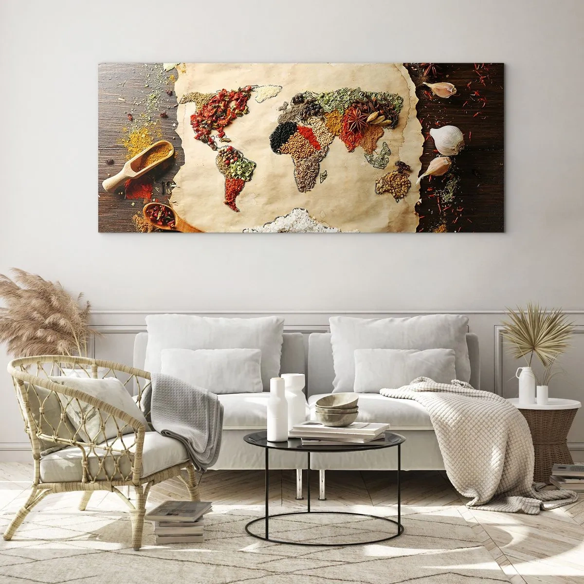 Cuadro sobre vidrio - Impresiones sobre Vidrio - Un mapa del mundo hecho de especias sobre un fondo de madera. - 160x50cm - Todos los sabores del mundo - Decoración de pared moderna para salón y dormitorio ARTTOR