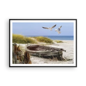 Póster en marco negro - Barco abandonado en una playa con gaviotas - 100x70cm - Bañada por el viento - Decoración de pared moderna para salón y dormitorio ARTTOR