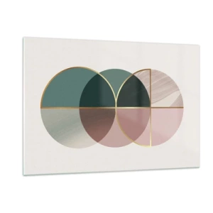 Cuadro sobre vidrio - Impresiones sobre Vidrio - Formas geométricas con tonos verdes y rosas sobre un fondo claro. - 120x80cm - Círculo tras círculo... - Decoración de pared moderna para salón y dormitorio ARTTOR
