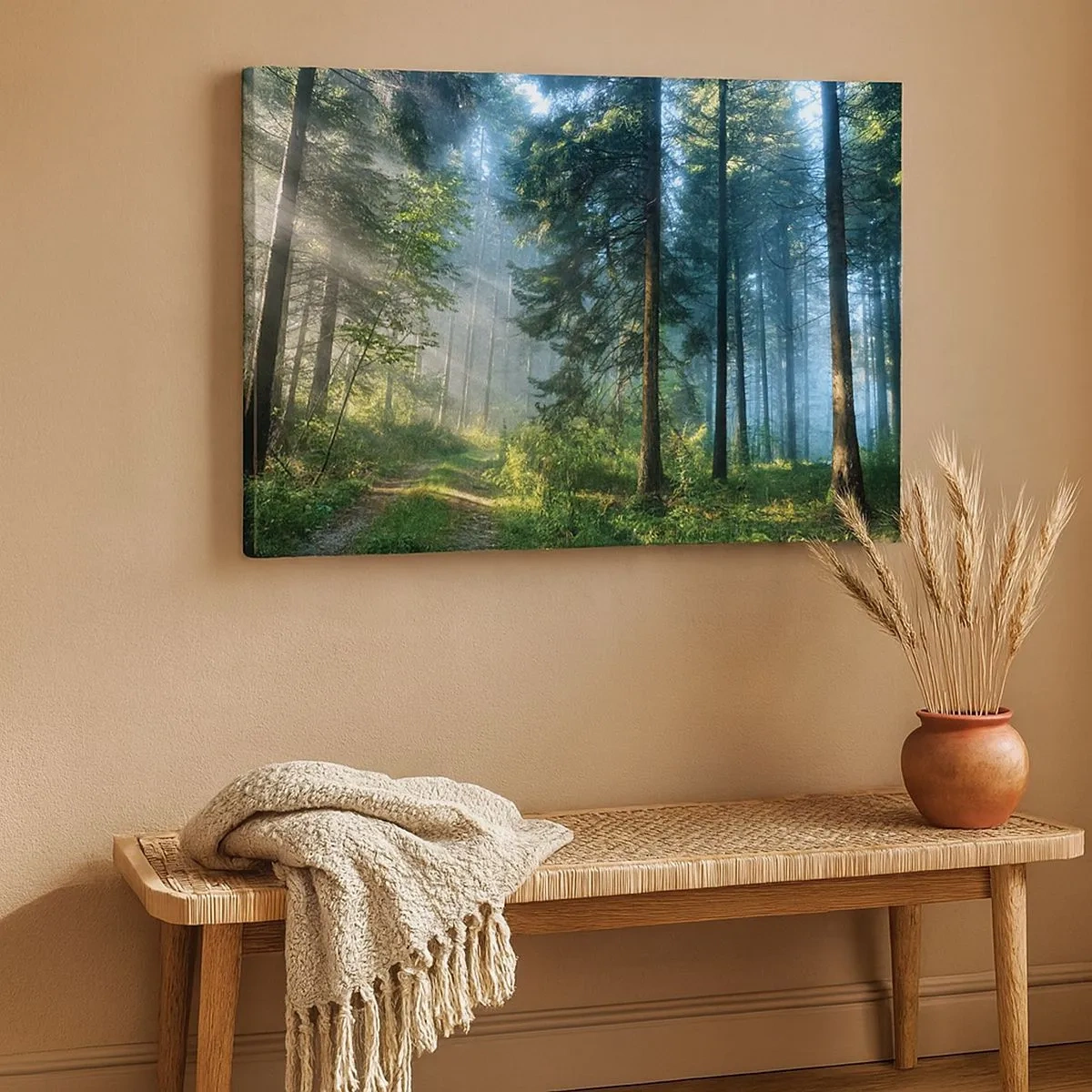 Cuadro sobre lienzo - Impresión de Imagen - Un sendero forestal iluminado por los rayos del sol de la mañana. - 70x50cm - Radiante por la mañana - Decoración de pared moderna para salón y dormitorio ARTTOR
