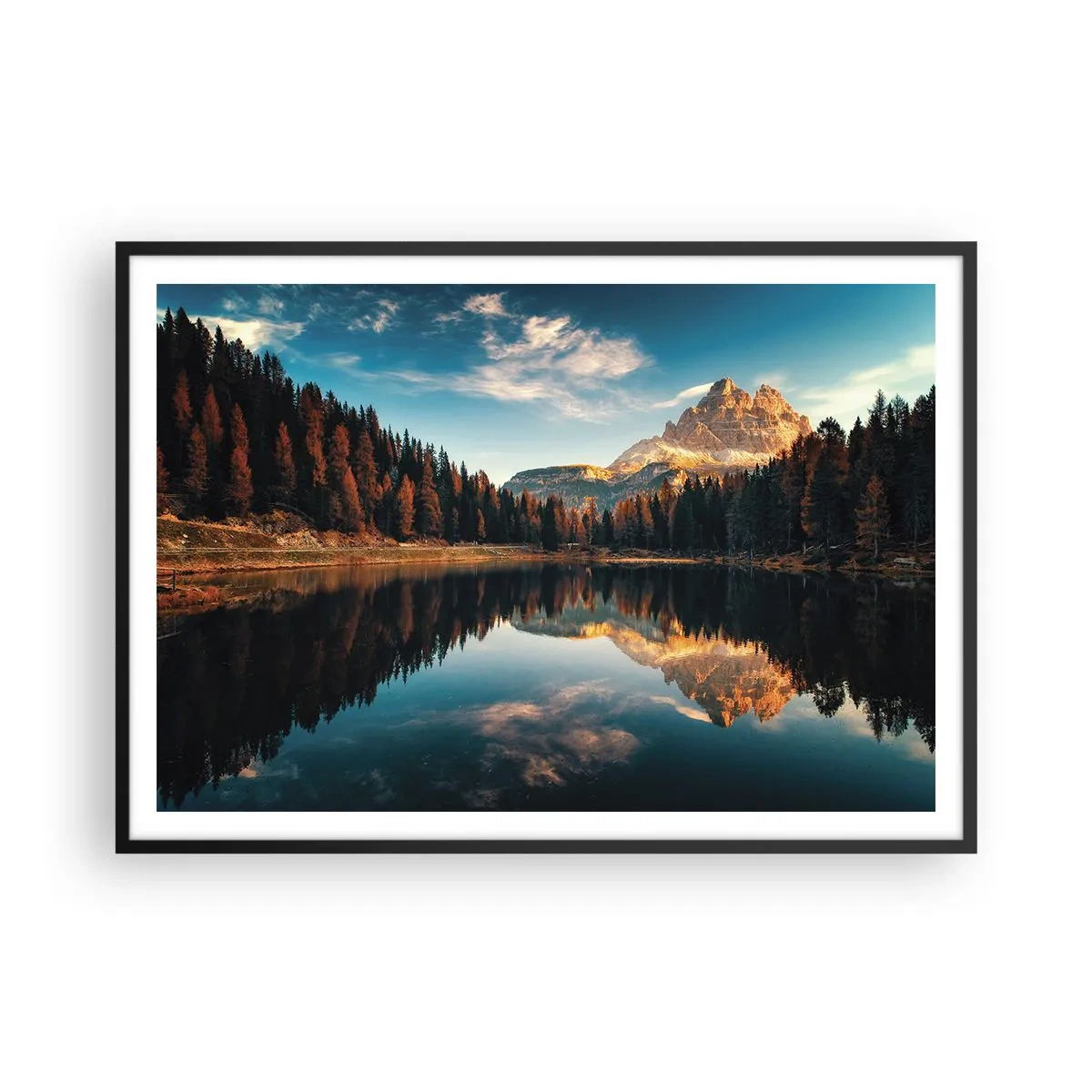 Póster en marco negro - Paisaje de montaña con lago y bosque. - 100x70cm - Paisaje duplicado - Decoración de pared moderna para salón y dormitorio ARTTOR