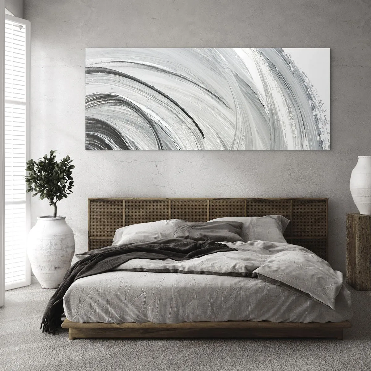 Cuadro sobre vidrio - Impresiones sobre Vidrio - Un remolino monocromático en tonos de gris y negro. - 160x50cm - Composición orbital - Decoración de pared moderna para salón y dormitorio ARTTOR