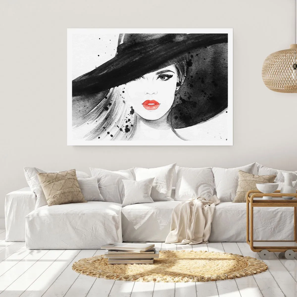 Póster - Retrato de una mujer con sombrero y labios rojos. - 100x70cm - Dama de negro - Decoración de pared moderna para salón y dormitorio ARTTOR