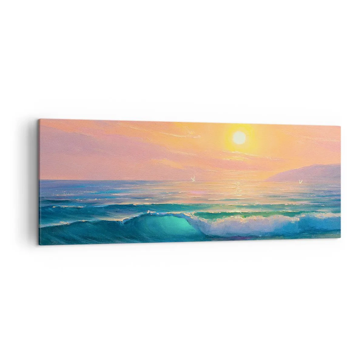 Cuadro sobre lienzo - Impresión de Imagen - Paisaje marino con puesta de sol - 140x50cm - El canto turquesa de las olas - Decoración de pared moderna para salón y dormitorio ARTTOR