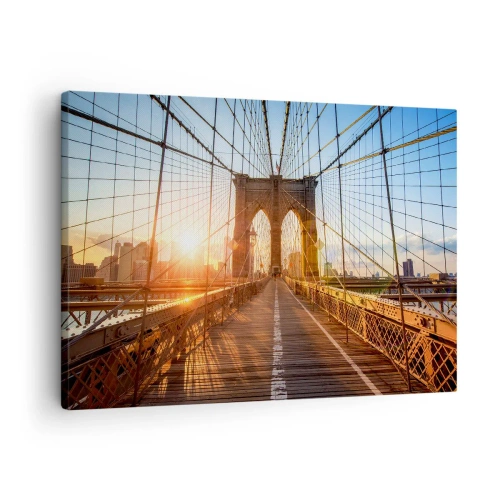 Cuadro sobre lienzo - Impresión de Imagen - El puente a la luz del sol poniente con vistas a la ciudad. - 70x50cm - En el puente dorado - Decoración de pared moderna para salón y dormitorio ARTTOR