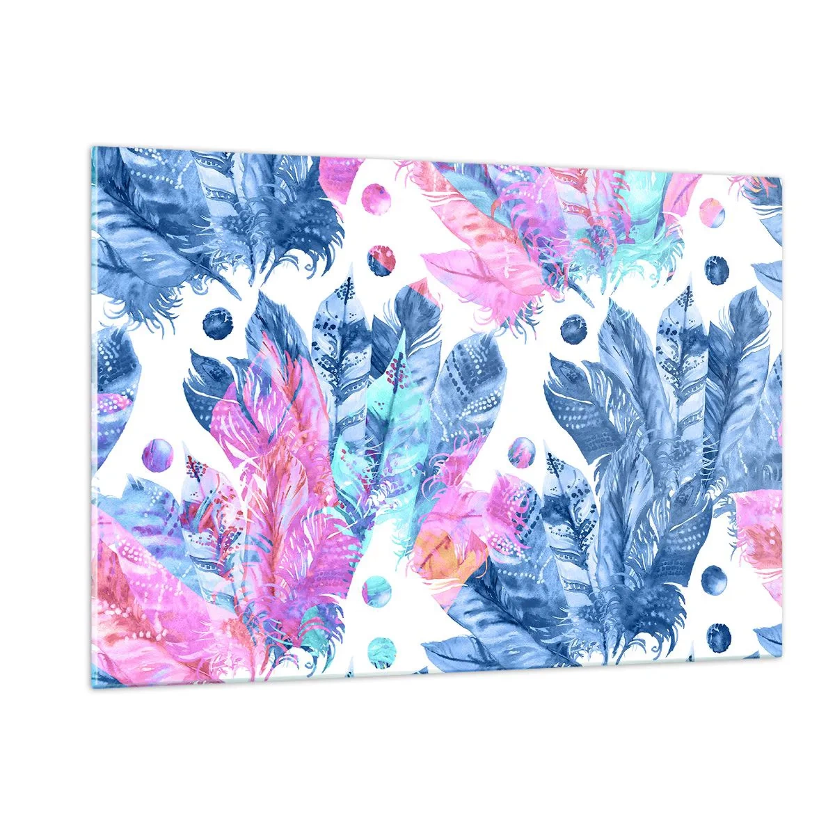 Cuadro sobre vidrio - Impresiones sobre Vidrio - Plumas de colores en tonos rosa y azul sobre un fondo blanco. - 120x80cm - Plumas de color rosa y azul - Decoración de pared moderna para salón y dormitorio ARTTOR