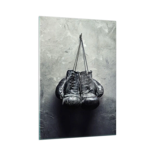 Cuadro sobre vidrio - Impresiones sobre Vidrio - Guantes de boxeo negros colgados en la pared - 50x70cm - Tiempo de lucha y tiempo de paz - Decoración de pared moderna para salón y dormitorio ARTTOR