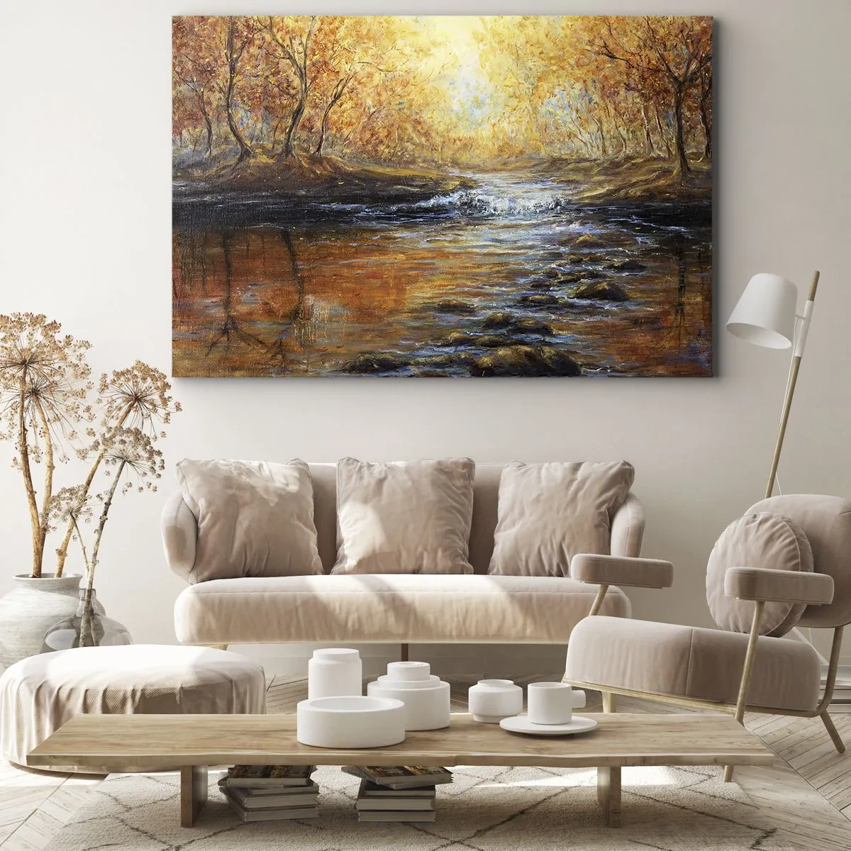 Cuadro sobre lienzo - Impresión de Imagen - Paisaje otoñal con un río entre los árboles. - 70x50cm - Arroyo de oro - Decoración de pared moderna para salón y dormitorio ARTTOR