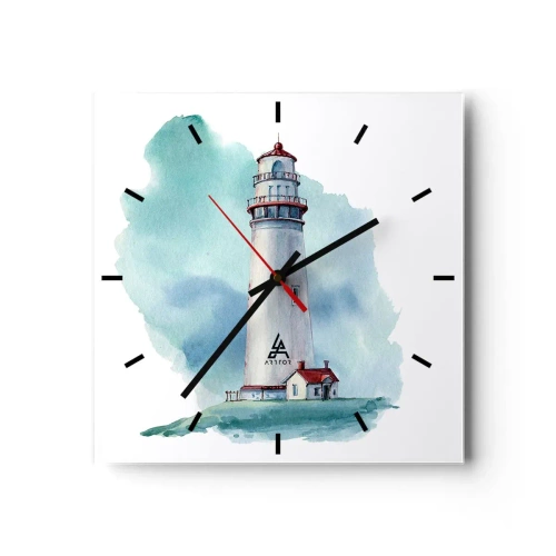 Reloj de pared - Reloj de vidrio - Un faro sobre un fondo azul de acuarela. - 30x30cm - Gentil hermana del azul - Decoración de pared moderna para salón y dormitorio ARTTOR