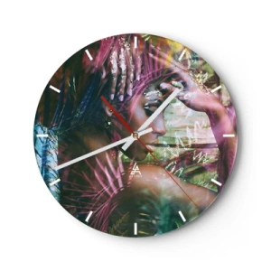 Reloj de pared - Reloj de vidrio - Retrato de una mujer con elementos de la naturaleza y hojas coloridas al fondo. - 30x30cm - La madre naturaleza en la selva - Decoración de pared moderna para salón, cocina y dormitorio ARTTOR
