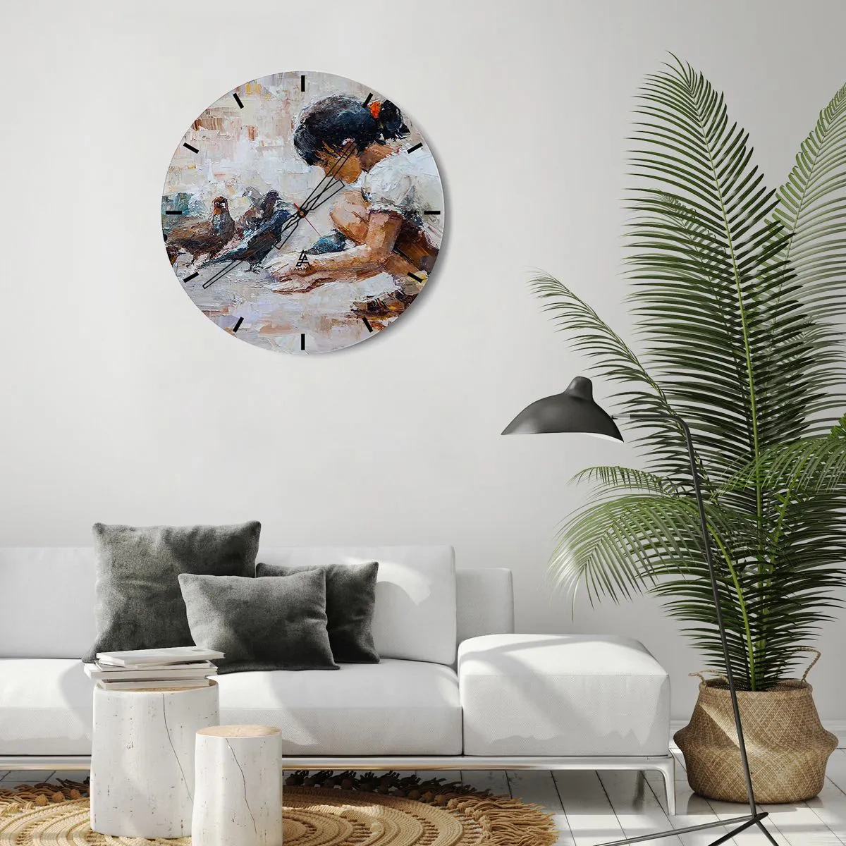 Reloj de pared - Reloj de vidrio - Una niña alimentando palomas sobre un fondo pintado. - 30x30cm - Pequeños y dulces - Decoración de pared moderna para salón, cocina y dormitorio ARTTOR