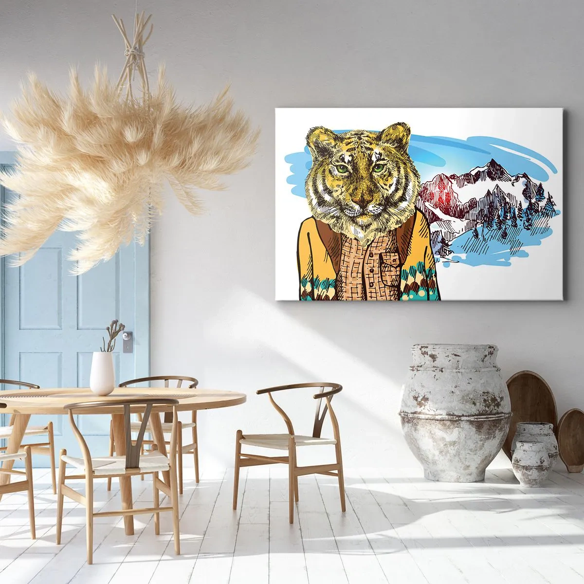 Cuadro sobre lienzo - Impresión de Imagen - Un tigre con abrigo frente a un paisaje montañoso. - 70x50cm - No es tan salvaje como dicen - Decoración de pared moderna para salón y dormitorio ARTTOR
