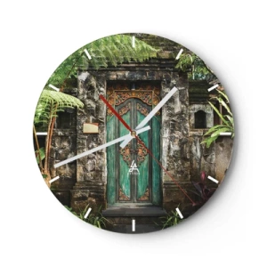 Reloj de pared - Reloj de vidrio - Una puerta verde adornada en un muro de piedra rodeado de vegetación. - 30x30cm - Una puerta a un mundo exótico - Decoración de pared moderna para salón, cocina y dormitorio ARTTOR