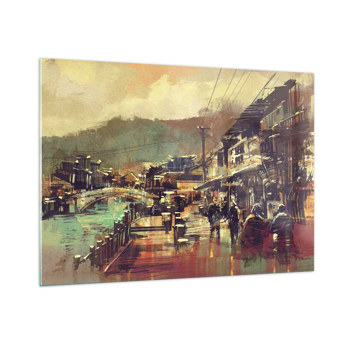 Cuadro sobre vidrio - Impresiones sobre Vidrio - Un paisaje urbano de estilo pictórico con motivos de puente y canal. - 100x70cm - La vida como riqueza de grises - Decoración de pared moderna para salón y dormitorio ARTTOR