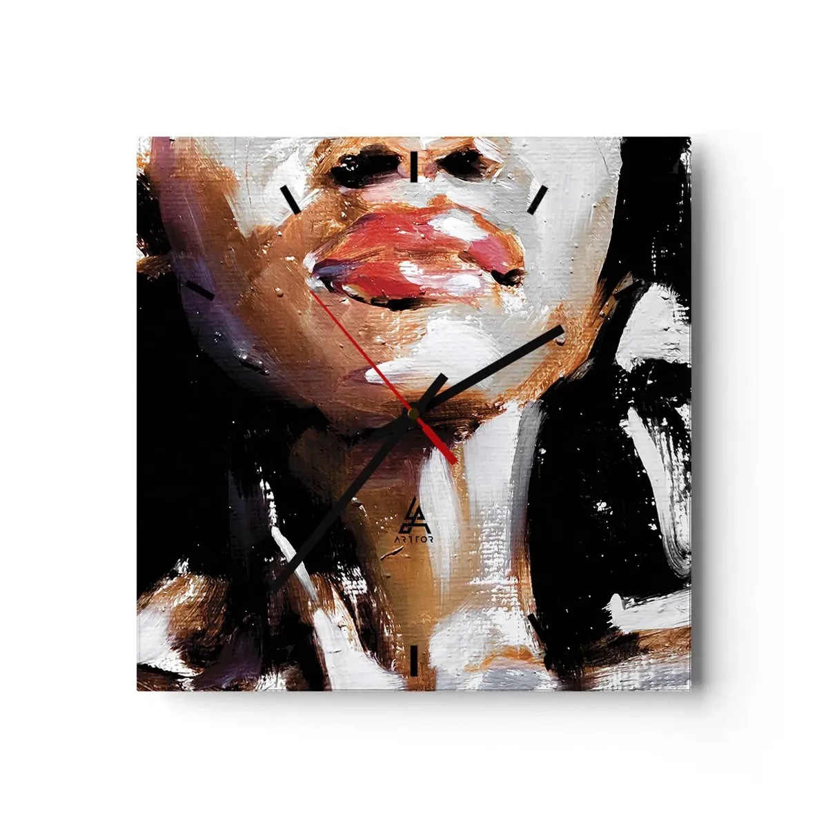 Reloj de pared - Reloj de vidrio - Retrato de una mujer en un estilo pictórico expresivo sobre un fondo oscuro. - 30x30cm - Orgullo sin prejuicios - Decoración de pared moderna para salón y dormitorio ARTTOR
