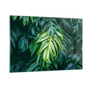Cuadro sobre vidrio - Impresiones sobre Vidrio - Exuberantes hojas verdes de monstera bajo la luz natural. - 120x80cm - Sumérjase en la frescura - Decoración de pared moderna para salón y dormitorio ARTTOR