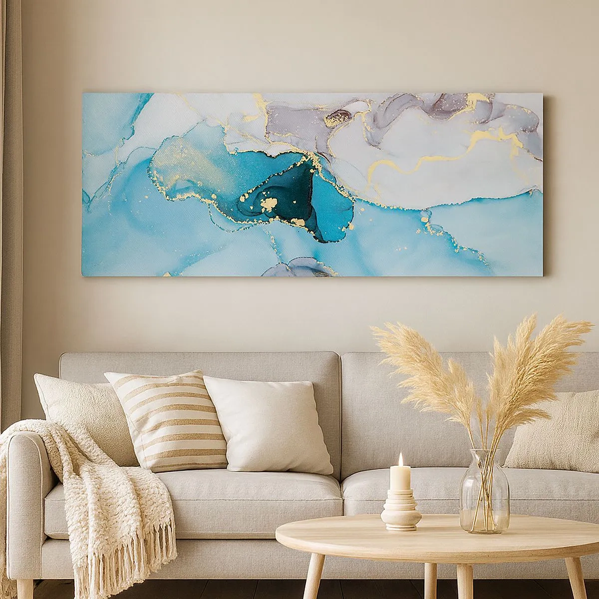 Cuadro sobre lienzo - Impresión de Imagen - Un estudio del encuentro entre el gris y el turquesa - 100x40 cm