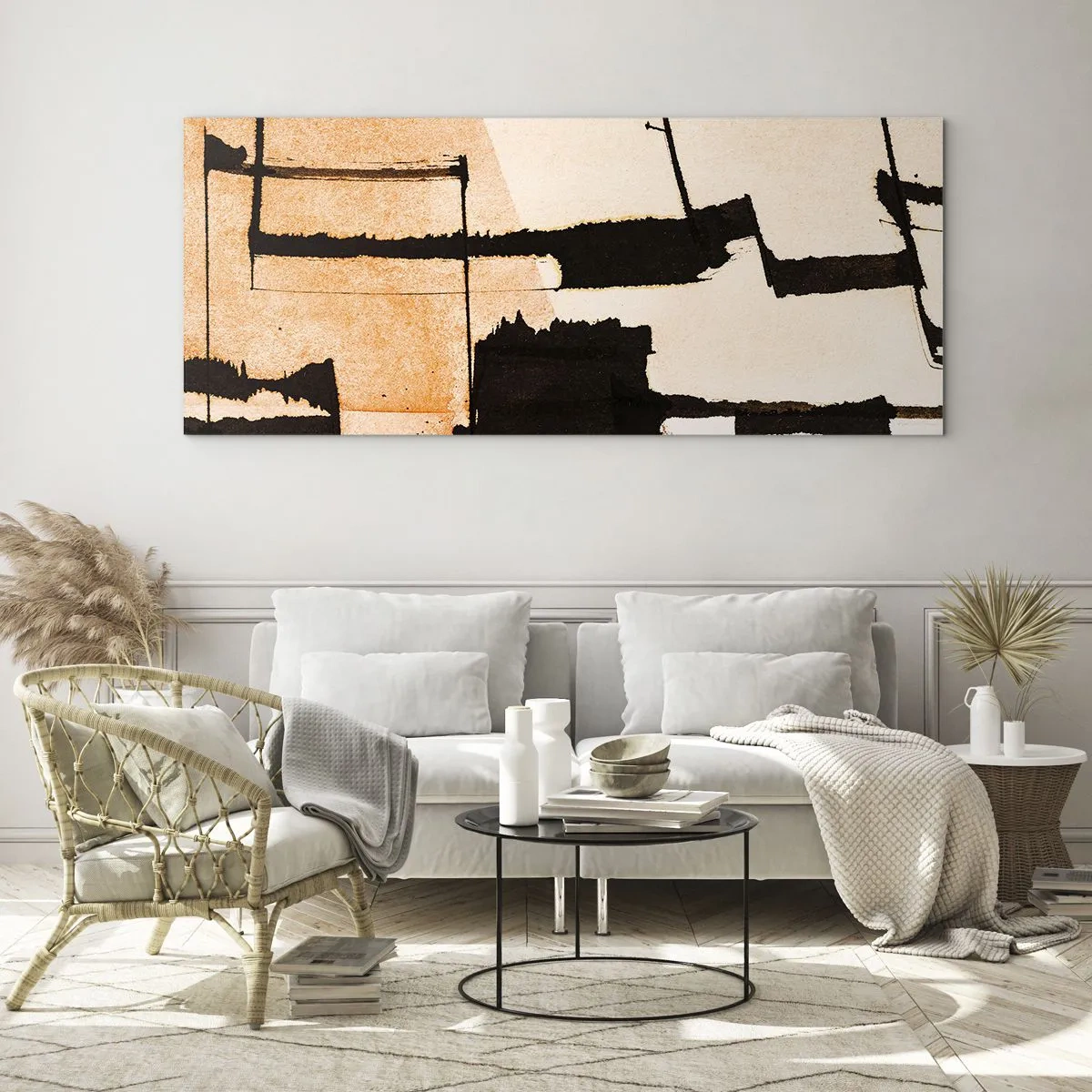 Cuadro sobre vidrio - Impresiones sobre Vidrio - Patrones geométricos en tonos marrones y beige. - 140x50cm - Aun así hay orden - Decoración de pared moderna para salón y dormitorio ARTTOR