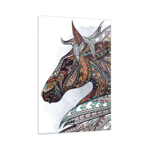 Cuadro sobre vidrio - Impresiones sobre Vidrio - Un caballo geométrico con una crin colorida y detallada. - 80x120cm - El corcel de un guerrero celta - Decoración de pared moderna para salón y dormitorio ARTTOR
