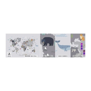 Muestra de fotomural autoadhesivo Deluxe Sticker - Dime de dónde eres... - Mapa del mundo, animales, Continentes - 100x30 cm