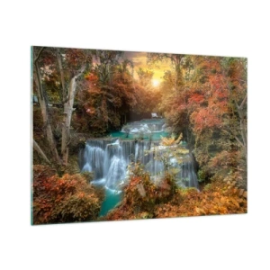 Cuadro sobre vidrio - Impresiones sobre Vidrio - Una pintoresca cascada rodeada de un bosque otoñal al atardecer. - 100x70cm - El tesoro escondido del bosque - Decoración de pared moderna para salón y dormitorio ARTTOR