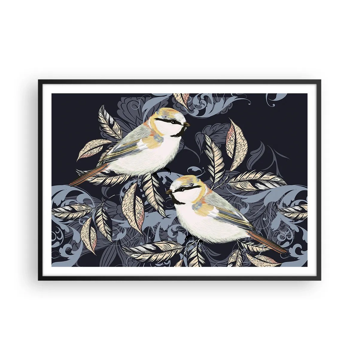 Póster en marco negro - Pájaros en ramas sobre un fondo ornamental. - 100x70cm - En la copa del árbol - Decoración de pared moderna para salón y dormitorio ARTTOR