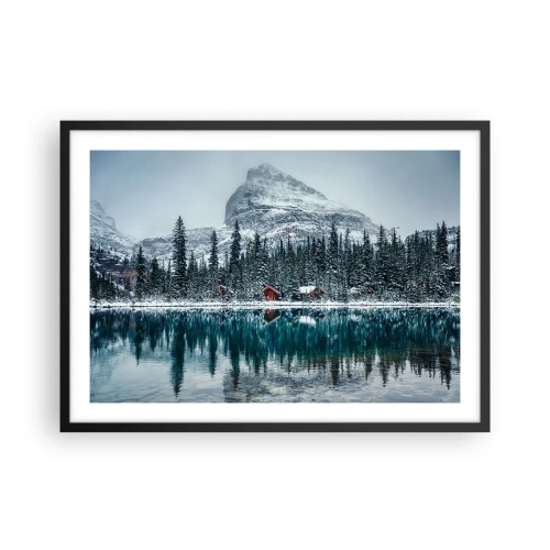 Póster en marco negro - Paisaje invernal con cabañas en el bosque junto a un lago congelado - 70x50cm - Retiro canadiense - Decoración de pared moderna para salón y dormitorio ARTTOR
