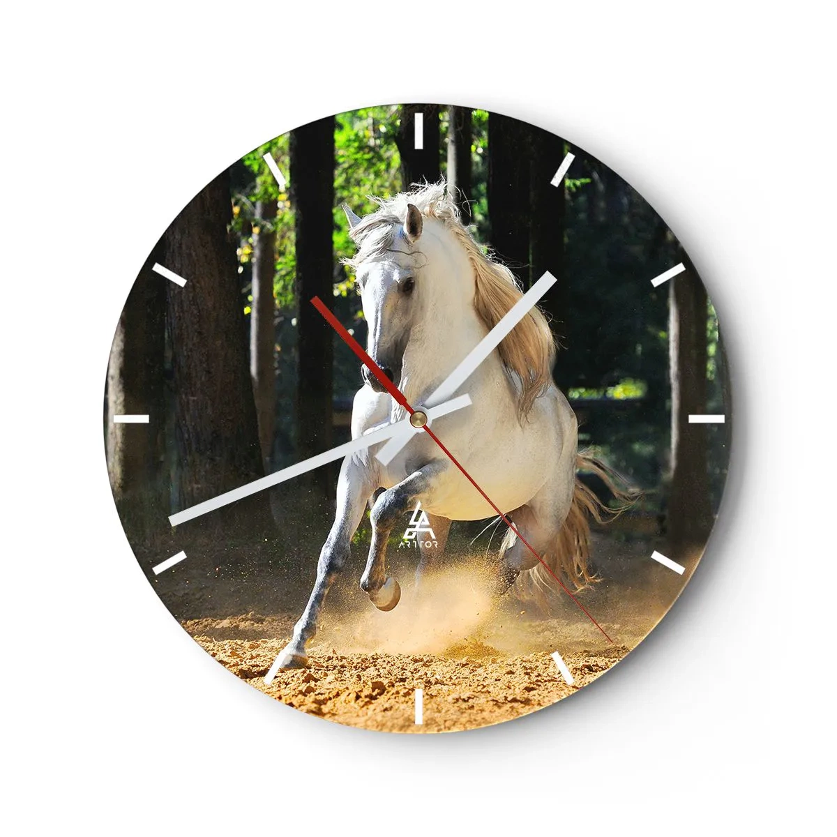 Reloj de pared - Reloj de vidrio - Un caballo blanco galopando entre los árboles. - 30x30cm - Como en una novela de fantasía - Decoración de pared moderna para salón, cocina y dormitorio ARTTOR