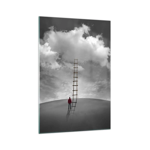 Cuadro sobre vidrio - Impresiones sobre Vidrio - Una persona con un abrigo rojo y una escalera que conduce a una nube. - 70x100cm - Todo es posible - Decoración de pared moderna para salón y dormitorio ARTTOR