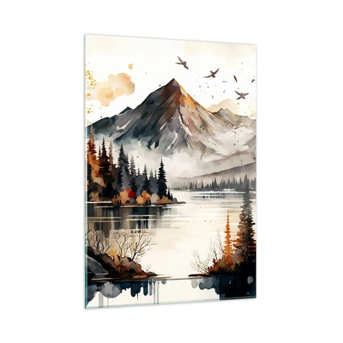 Cuadro sobre vidrio - Impresiones sobre Vidrio - Paisaje otoñal de montaña con lago y bosque - 50x70cm - Otoño dorado en las montañas - Decoración de pared moderna para salón y dormitorio ARTTOR