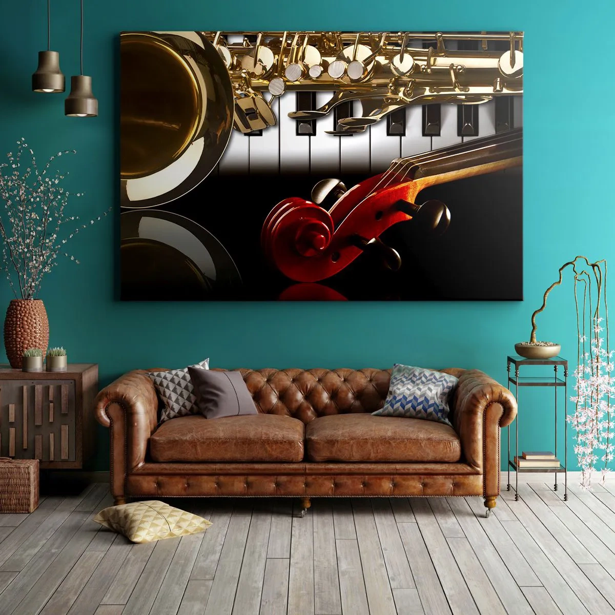 Cuadro sobre lienzo - Impresión de Imagen - Un saxofón dorado, teclas de piano y un violín rojo. - 120x80cm - Chapa, madera y marfil - Decoración de pared moderna para salón y dormitorio ARTTOR