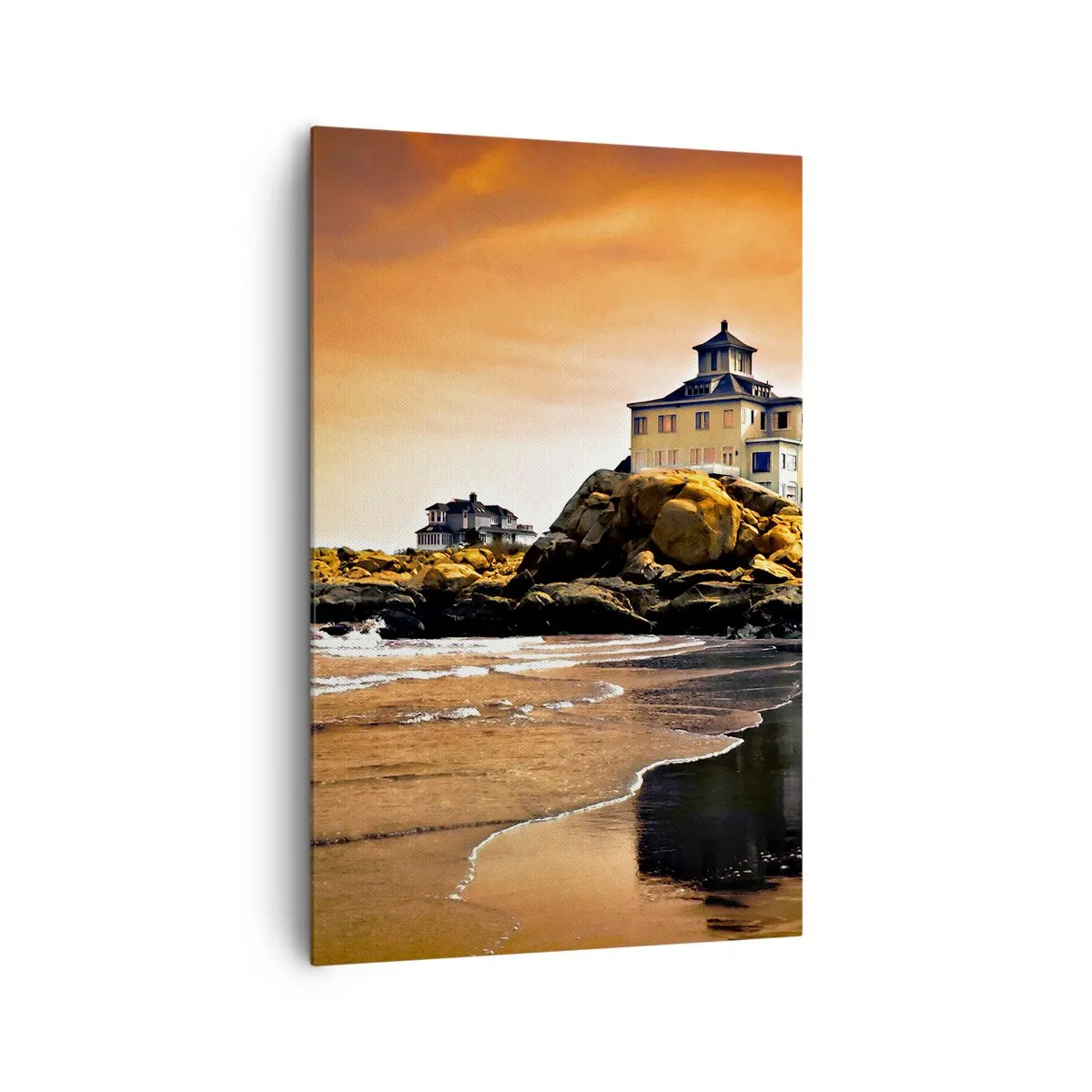 Cuadro sobre lienzo - Impresión de Imagen - Una casa sobre una roca junto a la playa al atardecer con su reflejo en el agua. - 80x120cm - La elegancia de la costa oeste - Decoración de pared moderna para salón y dormitorio ARTTOR