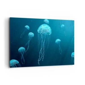 Cuadro sobre lienzo - Impresión de Imagen - Medusas flotando en las profundidades del océano en tonos azules. - 100x70cm - Danza oceánica - Decoración de pared moderna para salón y dormitorio ARTTOR