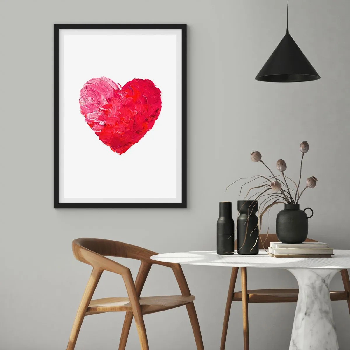 Póster en marco negro - Corazón en tonos rojos y rosas - 50x70cm - All you need is love - Decoración de pared moderna para salón y dormitorio ARTTOR
