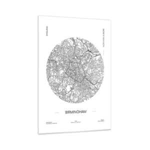 Cuadro sobre vidrio - Impresiones sobre Vidrio - Un mapa minimalista en blanco y negro de Birmingham con detalles precisos. - 70x100cm - Anatomía de Birmingham - Decoración de pared moderna para salón y dormitorio ARTTOR