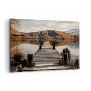 Cuadro sobre lienzo - Impresión de Imagen - Un muelle de madera sobre un lago rodeado de pintorescas colinas. - 120x80cm - Un paisaje en silencio - Decoración de pared moderna para salón y dormitorio ARTTOR